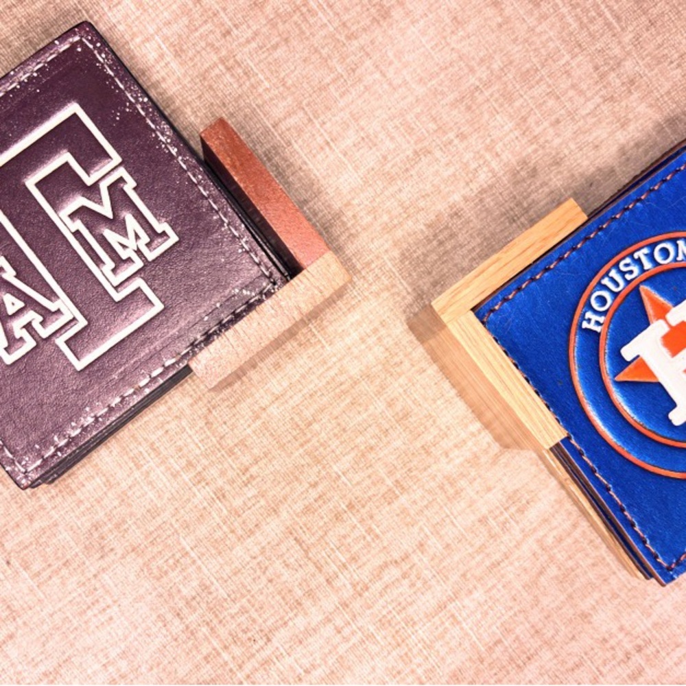 Handcrafted Cowhide Leather Coasters – 4 Texas A&M + 4 Astros w/  Walnut cases.